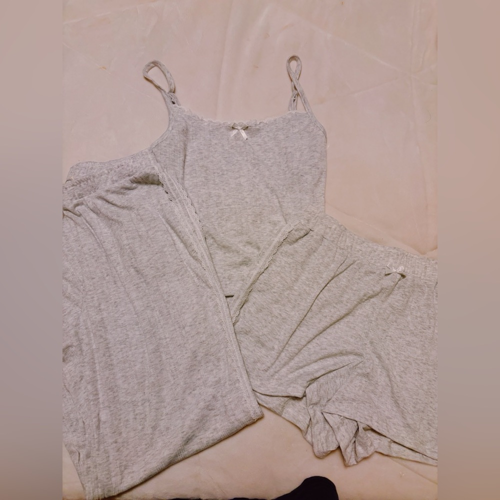 Light Gray Ribbed Lounge Set - Tank Top, Pants & Shorts